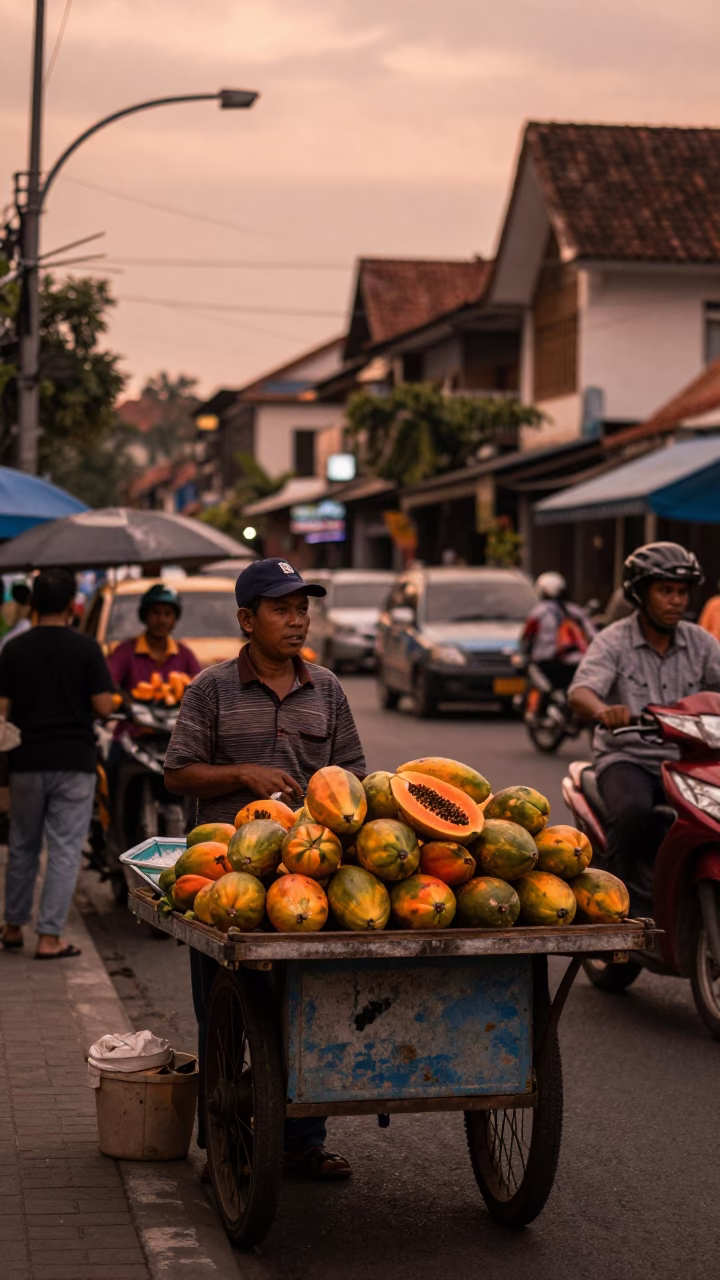 Busy Yogyakarta Street Scene in Copper Dusk Light with Local Market Activity in in Yogyakarta, Indonesia