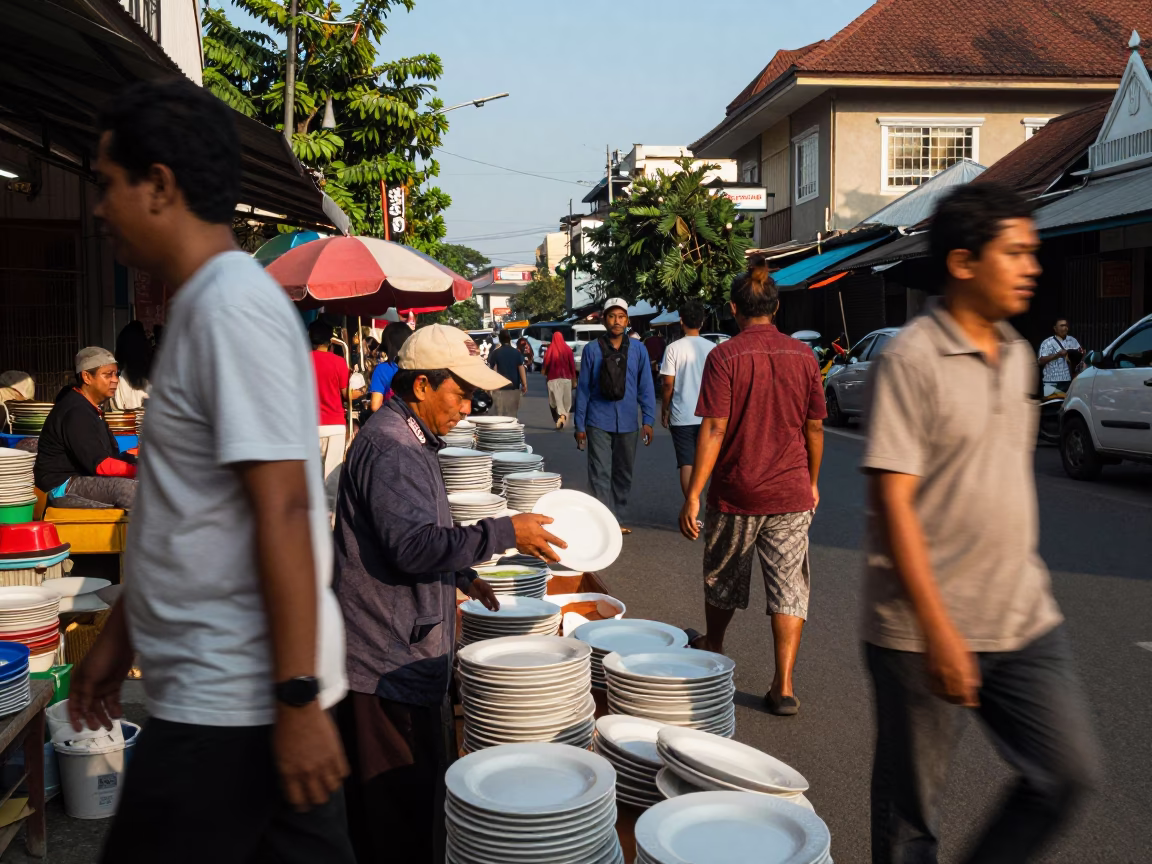 Busy Yogyakarta Street Scene Late Afternoon Light with Plate and Local Activity in in Yogyakarta, Indonesia