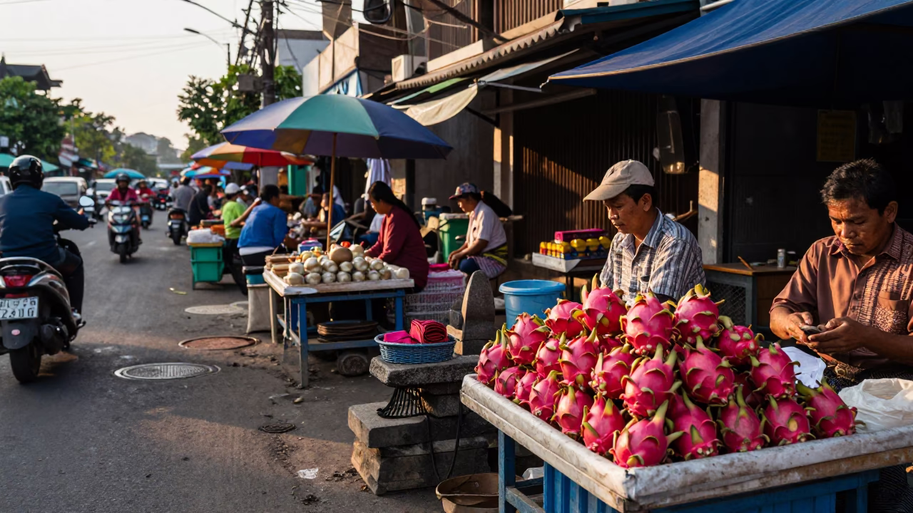 Busy Yogyakarta Street Scene Late Afternoon with Dragon Fruit and Stone Mason in in Yogyakarta, Indonesia