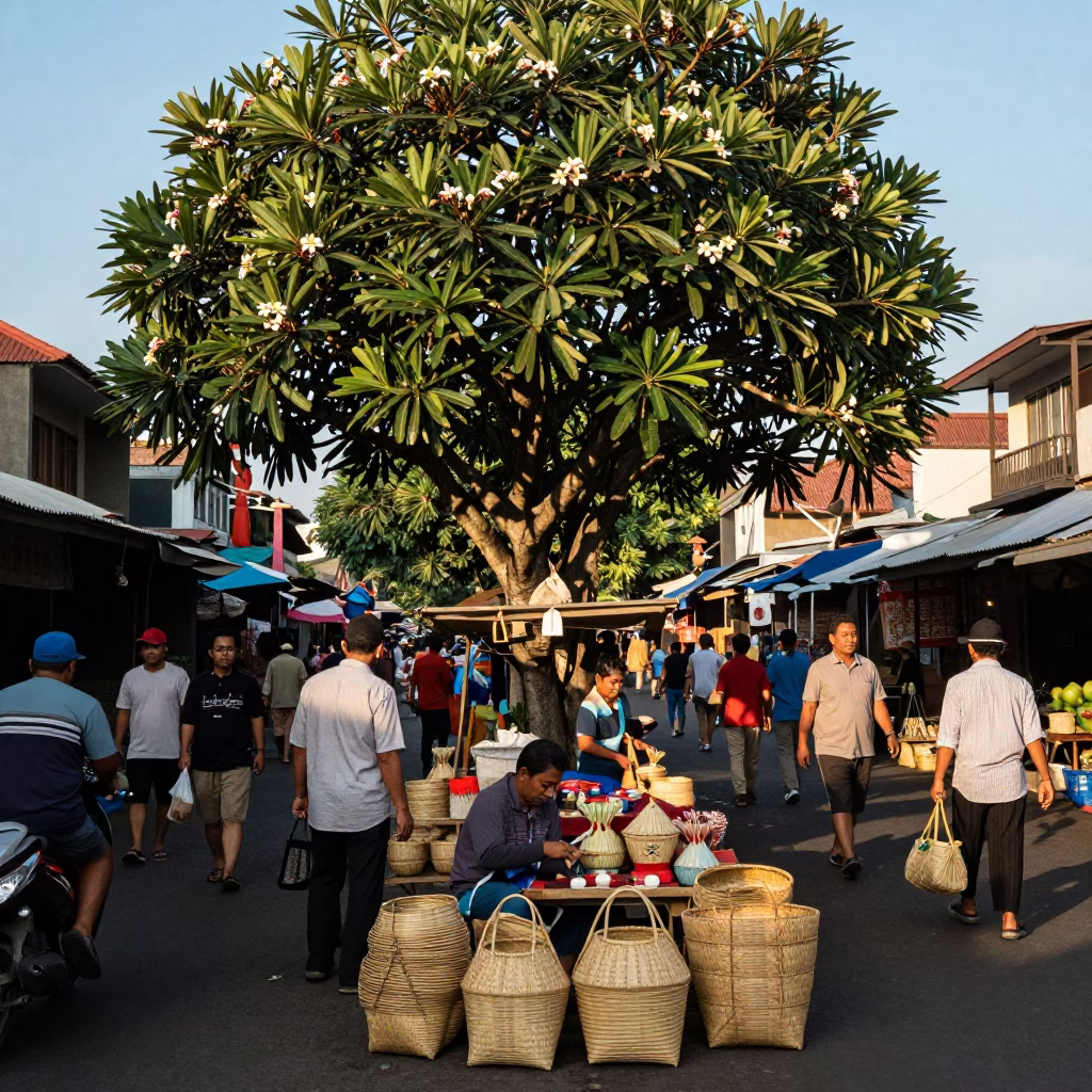 Busy Yogyakarta street scene late afternoon with frangipani tree and local vendors in in Yogyakarta, Indonesia