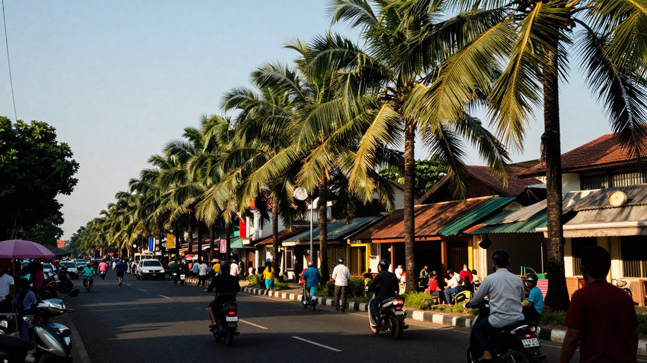 Busy Yogyakarta Street Scene Late Afternoon with Palm Trees and Local Life in in Yogyakarta, Indonesia