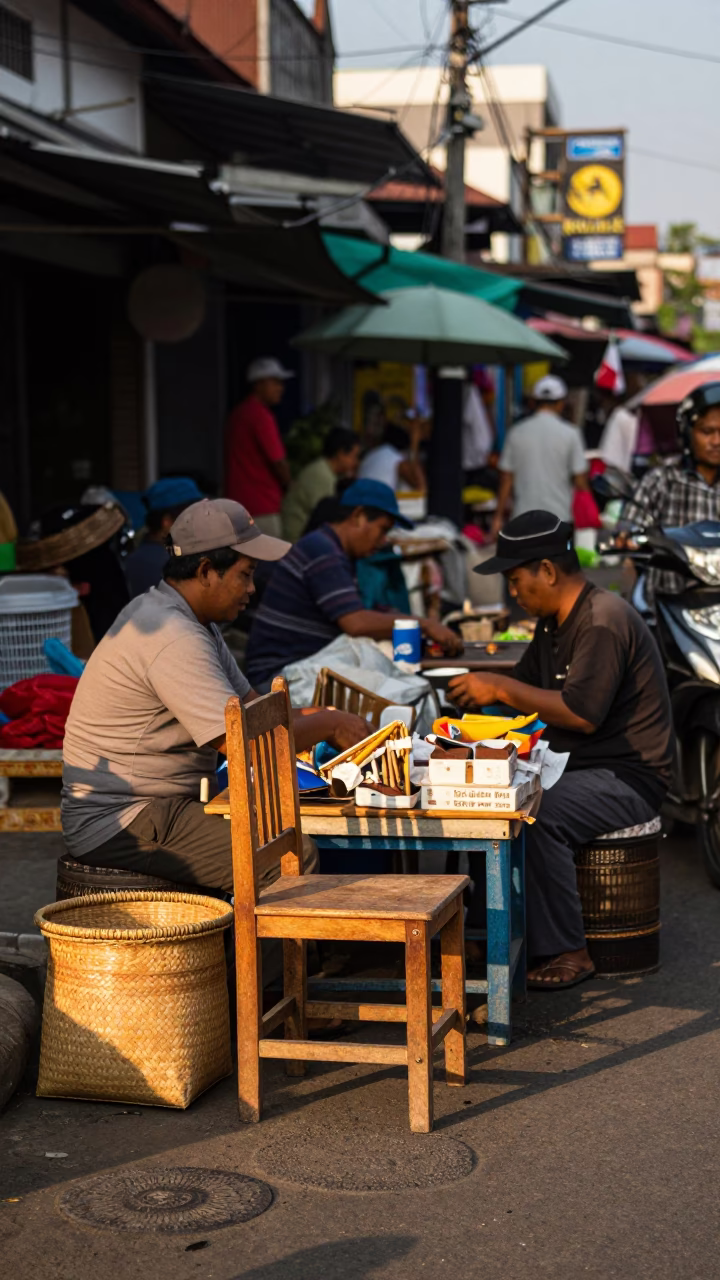 Busy Yogyakarta Street Scene Late Afternoon with Wooden Chair and Basket in in Yogyakarta, Indonesia