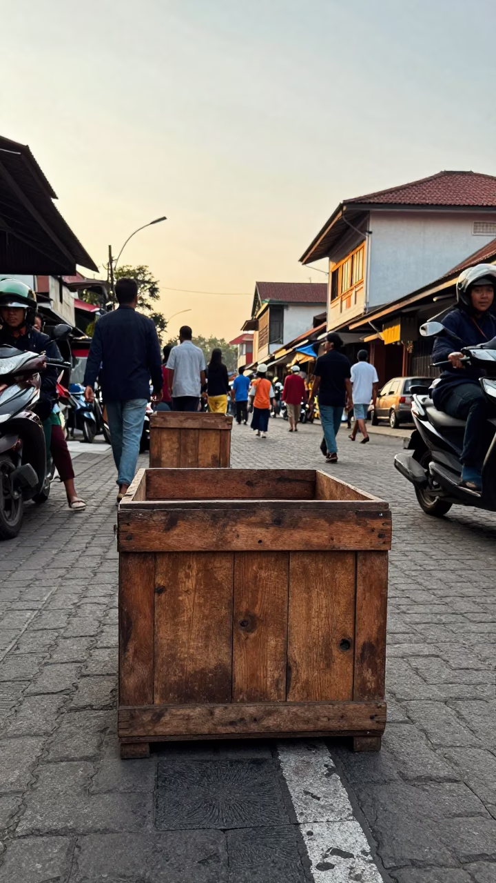 Busy Yogyakarta street scene late afternoon with wooden crate and twine fibers in in Yogyakarta, Indonesia