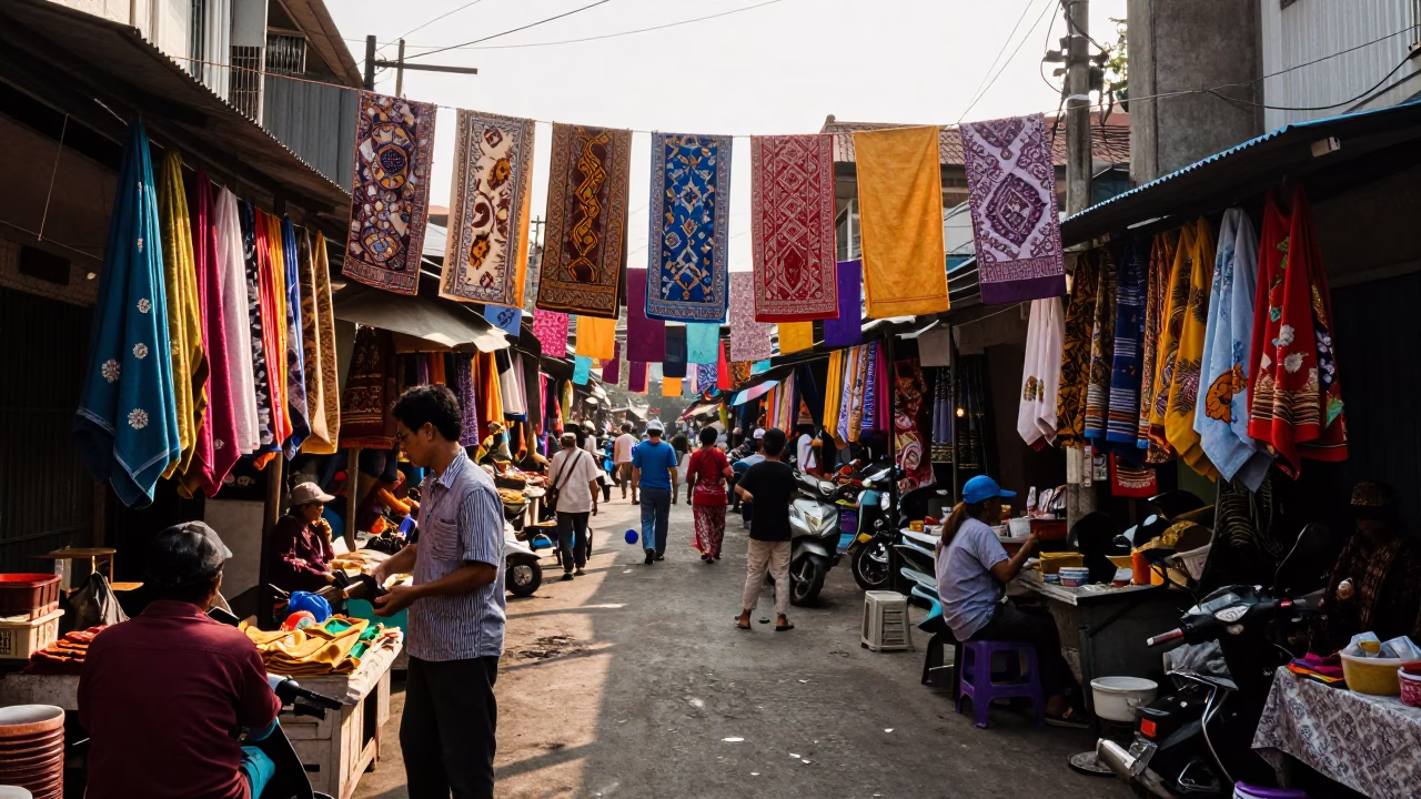 Busy Yogyakarta Street Scene Late Morning with Drying Towels and Traditional Life in in Yogyakarta, Indonesia