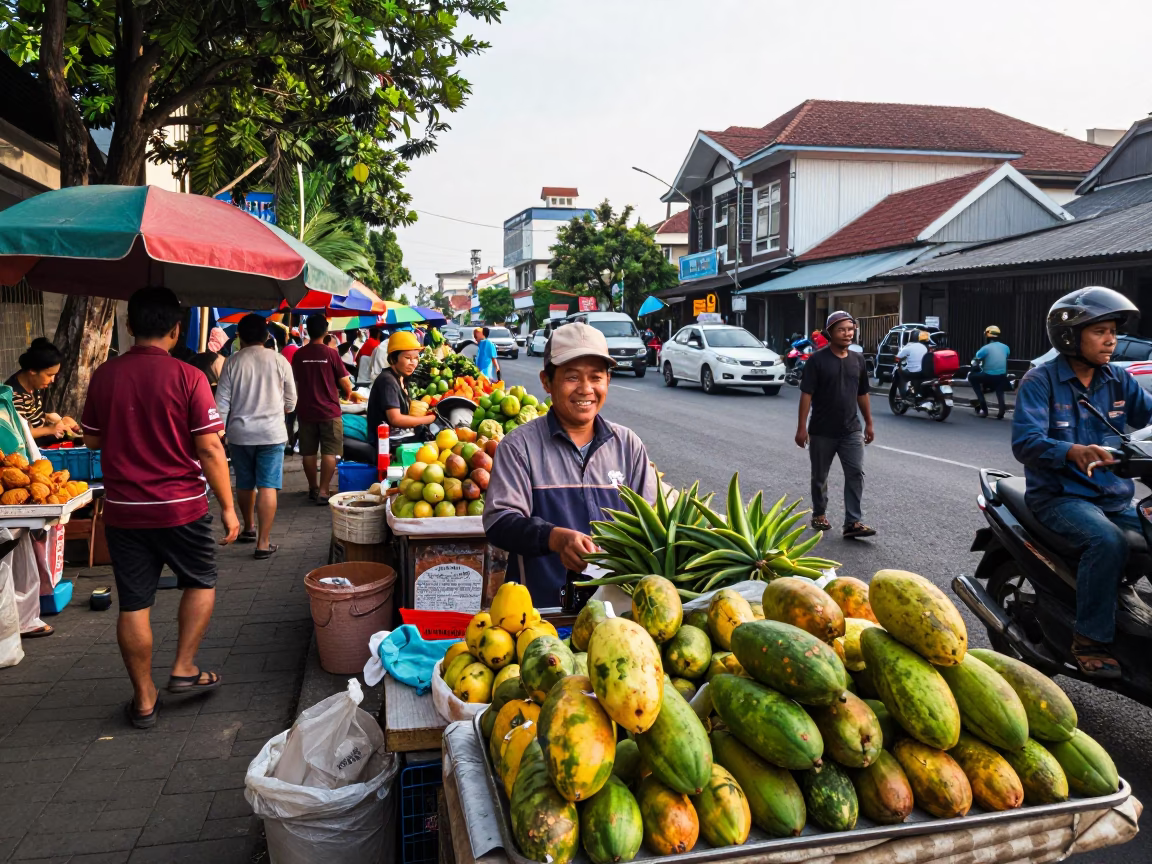 Busy Yogyakarta Street Scene Late Morning with Local Vendor and Key Bowl in in Yogyakarta, Indonesia