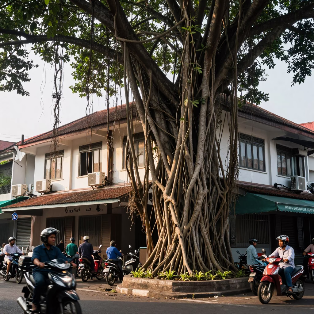 Busy Yogyakarta Street Scene Late Morning with Strangler Fig and Local Commerce in in Yogyakarta, Indonesia