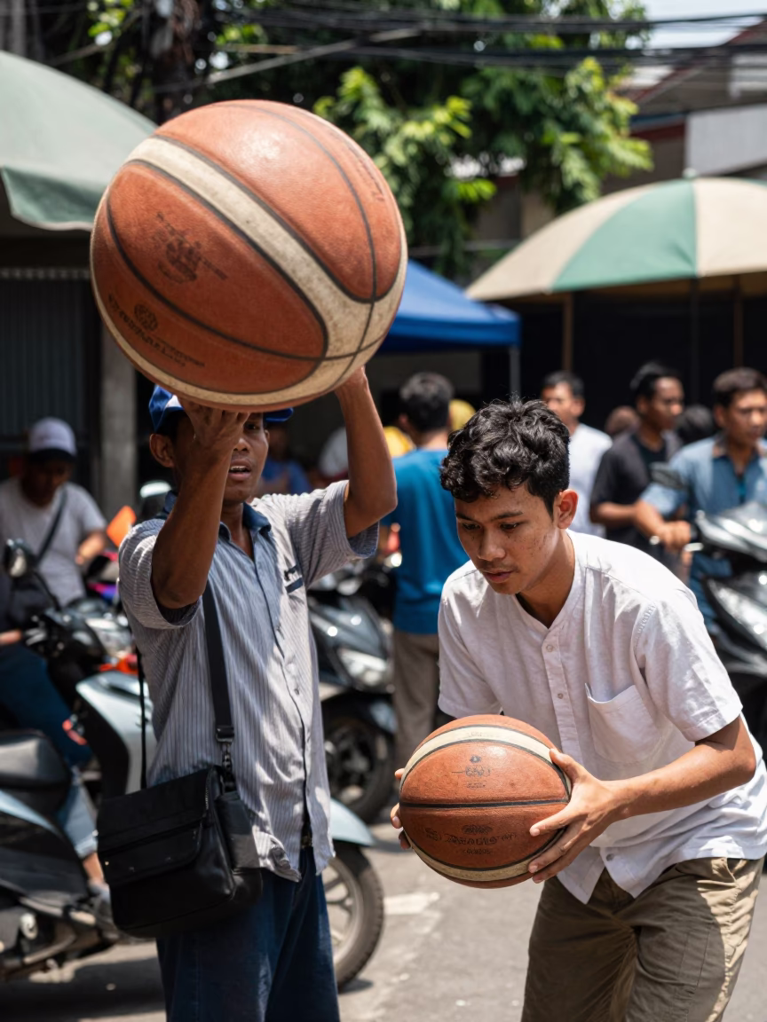 Busy Yogyakarta Street Scene Midday with Leather Basketball and Brushed Steel Pot Lid in in Yogyakarta, Indonesia