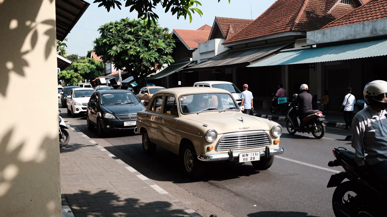 Busy Yogyakarta Street Scene Midmorning Light with Vintage Car Rally Passersby in in Yogyakarta, Indonesia