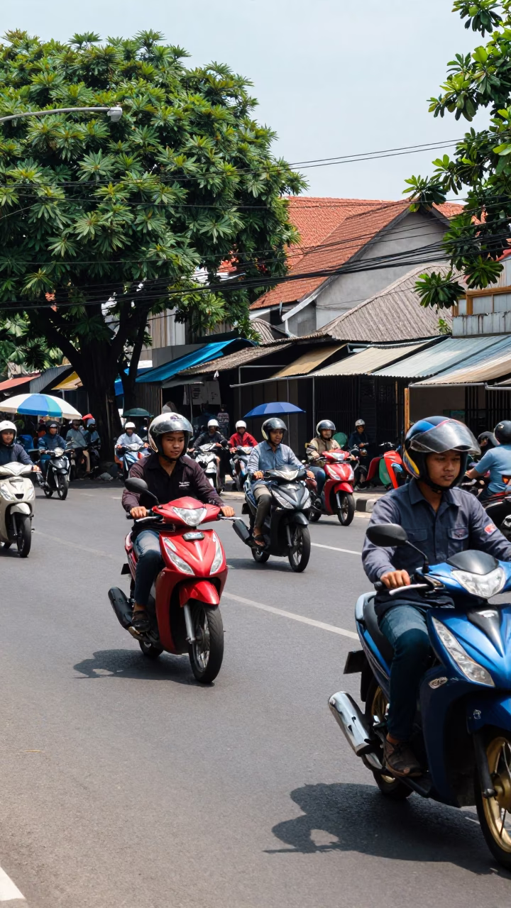 Busy Yogyakarta Street Scene Under Flat Noon Light With Motorbikes and Local Commerce in in Yogyakarta, Indonesia