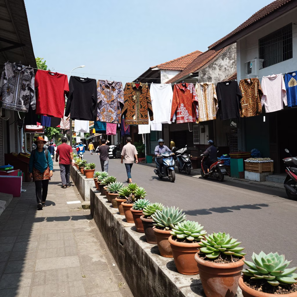 Busy Yogyakarta Street Scene Under Noon Sun With Clothesline And Terracotta Pots in in Yogyakarta, Indonesia