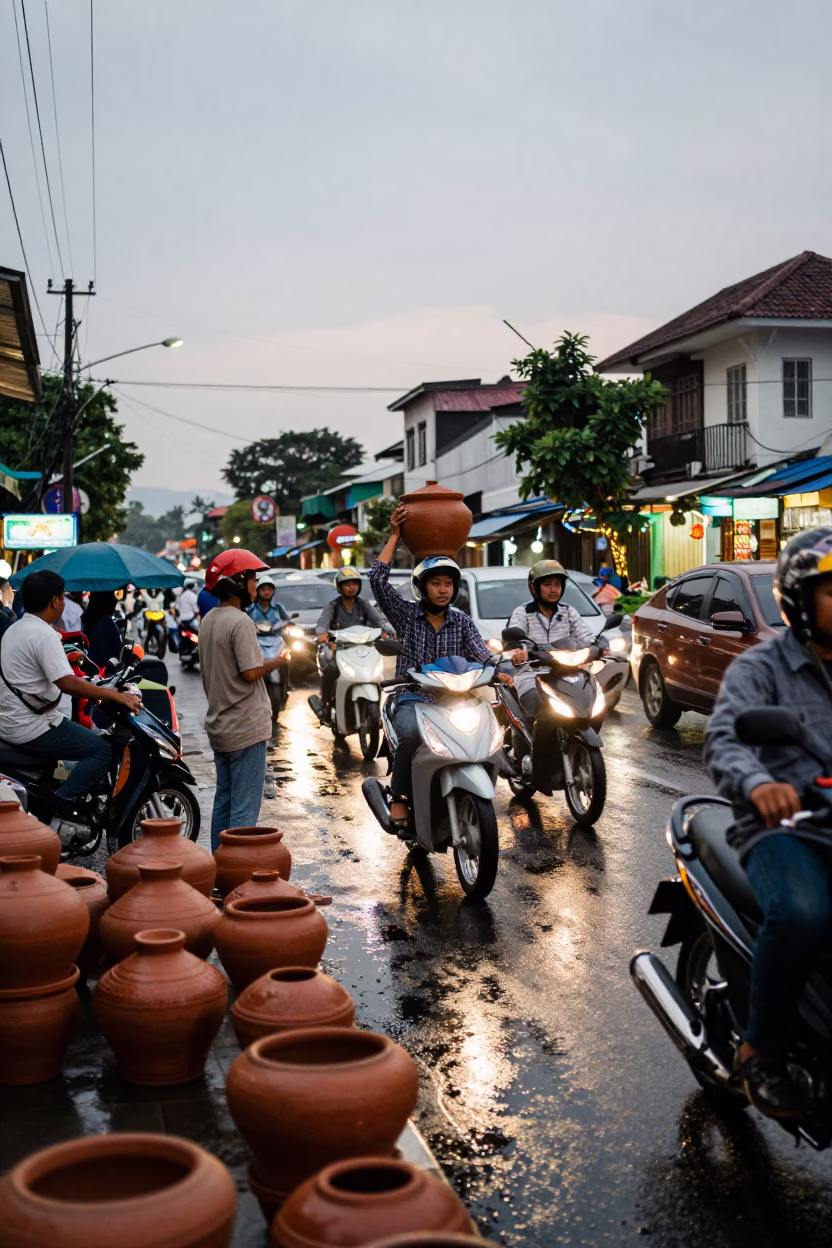 Busy Yogyakarta Street Scene with Clay Pots and Evening Traffic in in Yogyakarta, Indonesia