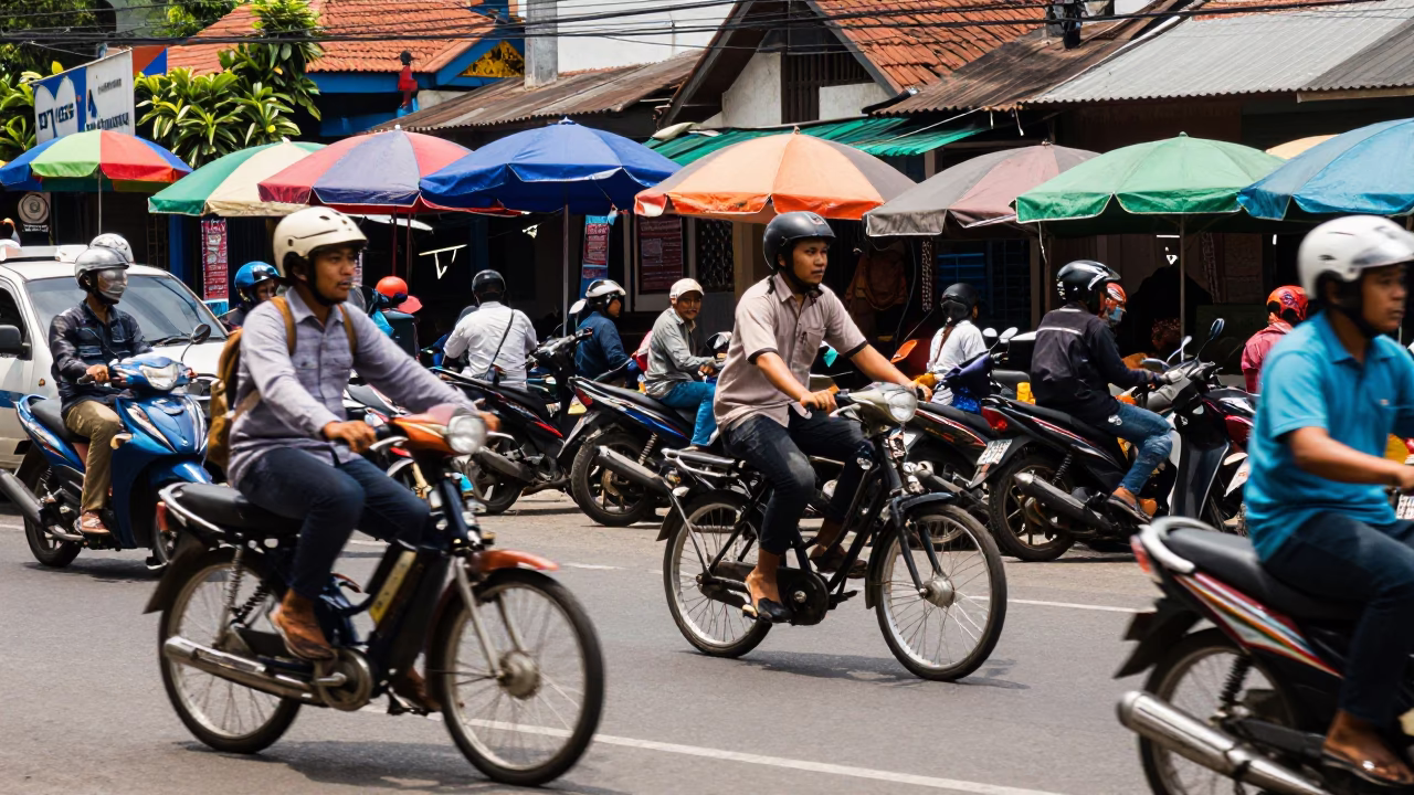 Busy Yogyakarta Street Scene with Cyclist and Local Market Activity at Midday in in Yogyakarta, Indonesia