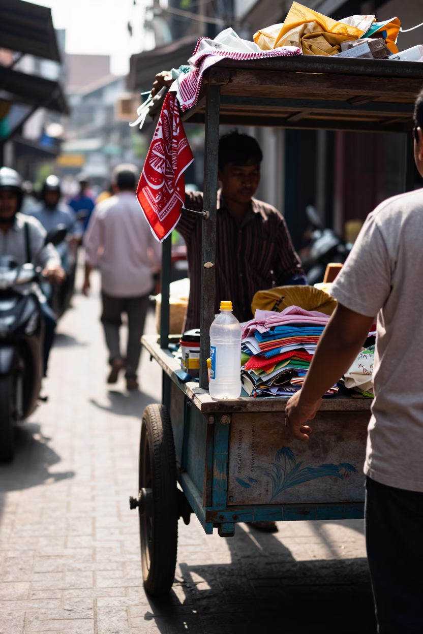Busy Yogyakarta Street Scene with Handkerchief and Soap Bottle at Midday in in Yogyakarta, Indonesia