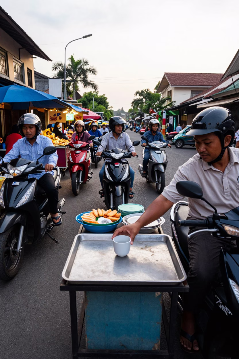 Busy Yogyakarta street scene with motorbikes and local food vendors under midday sun in in Yogyakarta, Indonesia