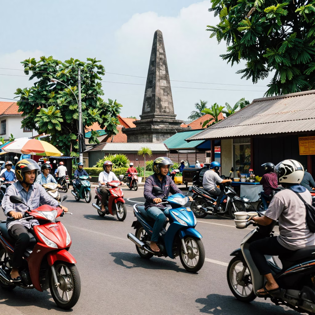 Busy Yogyakarta Street Scene with Motorbikes and Stone Observatory Hilltop View at Midday in in Yogyakarta, Indonesia