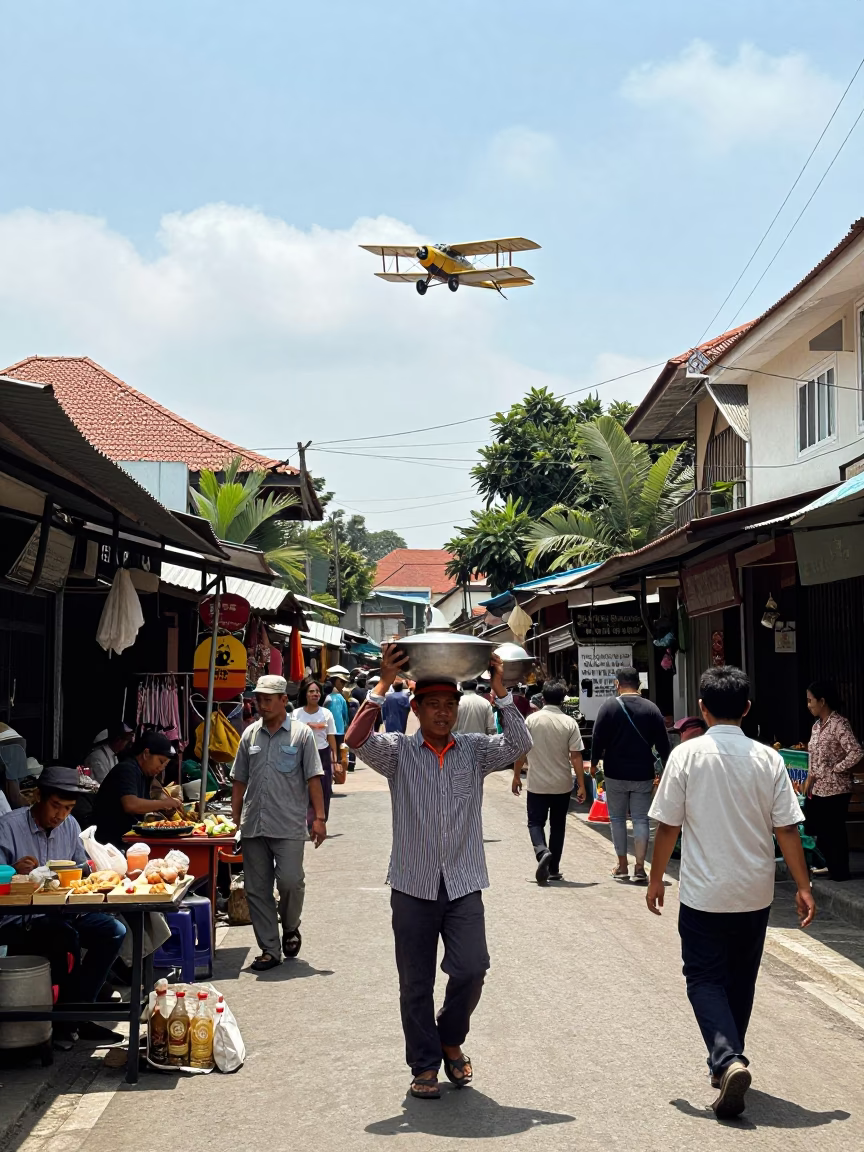 Busy Yogyakarta Street Scene with Traditional Food and Vintage Biplane in in Yogyakarta, Indonesia