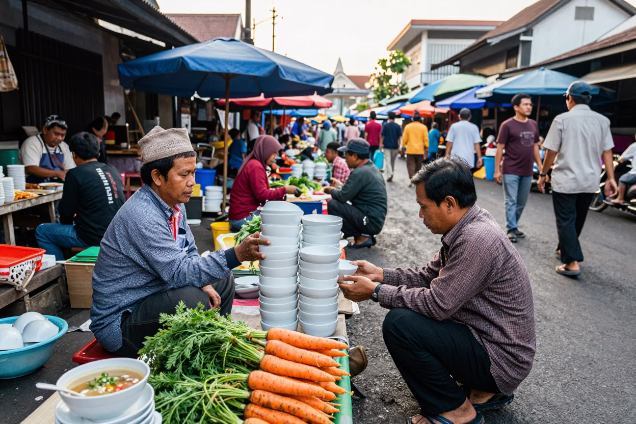 Busy Yogyakarta Street Scene with Vendor Selling Carrots and Soup Bowls in in Yogyakarta, Indonesia