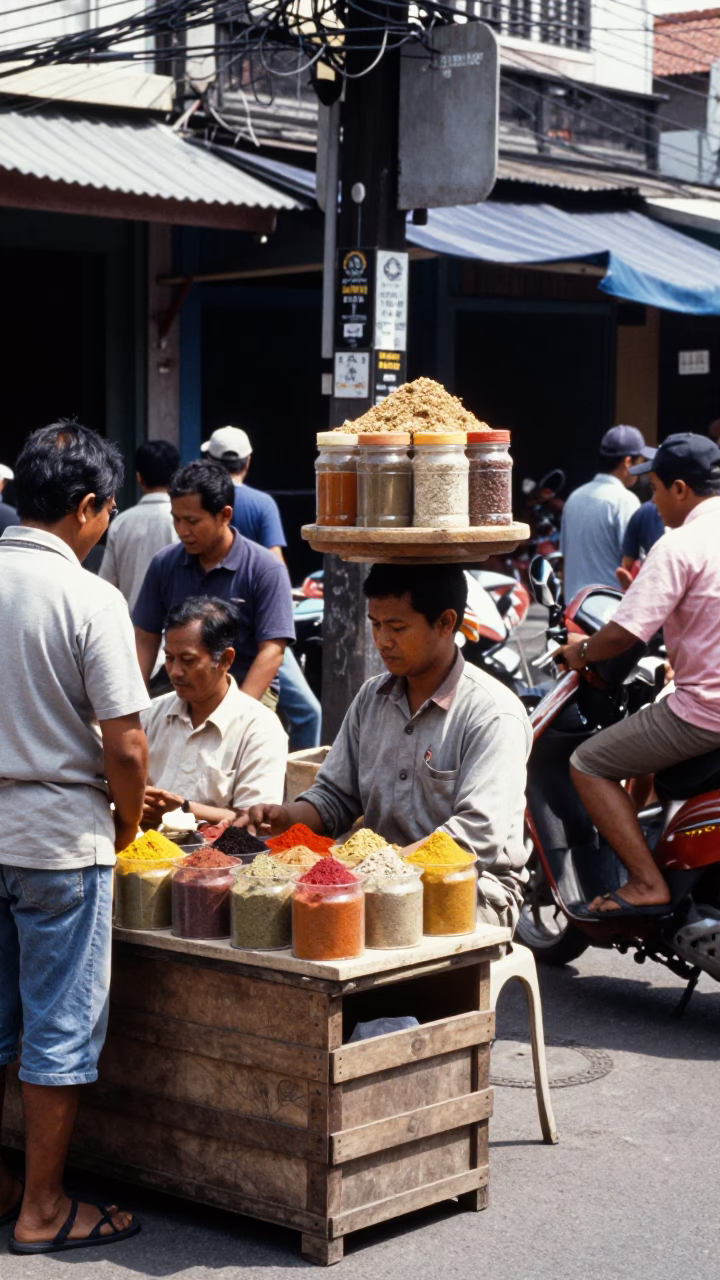 Busy Yogyakarta Street Scene with Wooden Crate and Spice Jars in Bright Midmorning Light in in Yogyakarta, Indonesia
