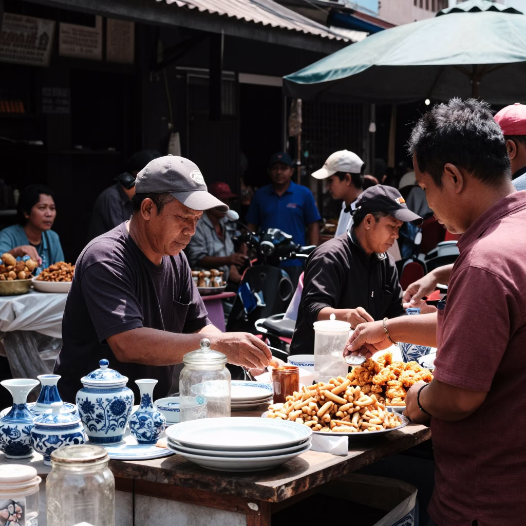 Busy Yogyakarta Street Stall Midday with Blue White Porcelain Plate and Jar in in Yogyakarta, Indonesia