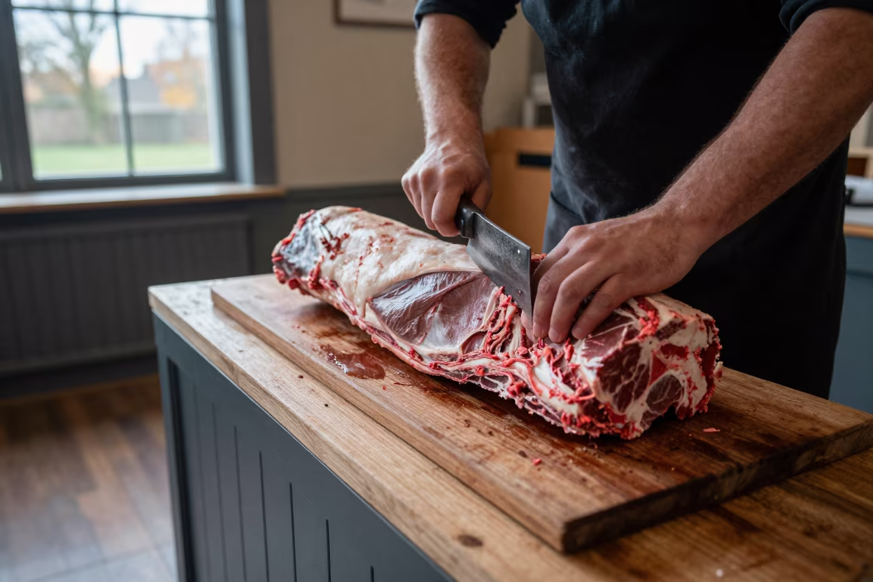 Butcher Breaking Beef at Norwich Dawn in on a painted display ledge in Norwich