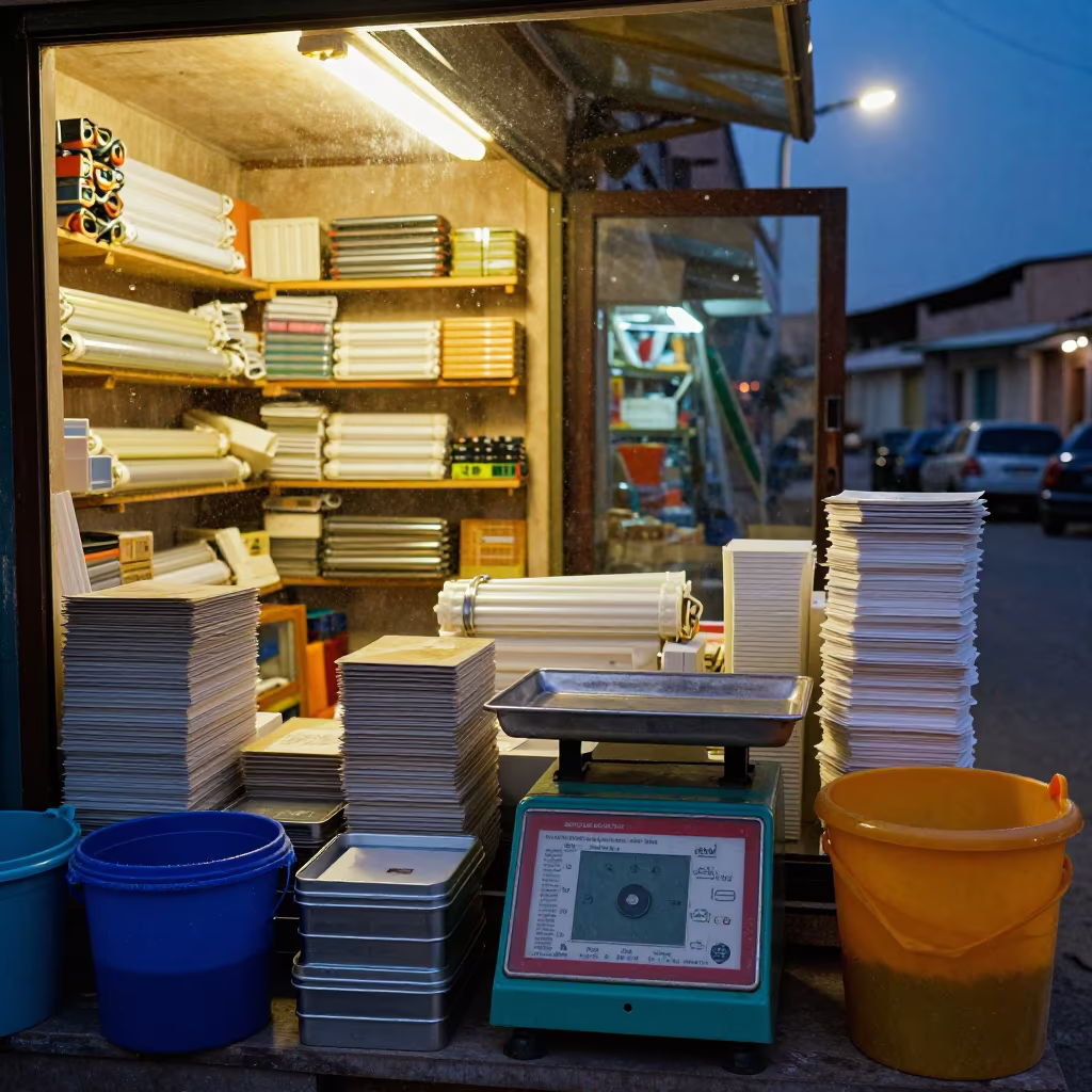 Butcher Scale Tray in Bukhara Stockroom Twilight in inside a stockroom behind the sales floor in Bukhara
