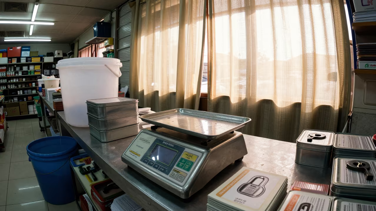 Butcher Scale Tray Under Store Fluorescents in Karachi in at a checkout lane under flat store light in Karachi