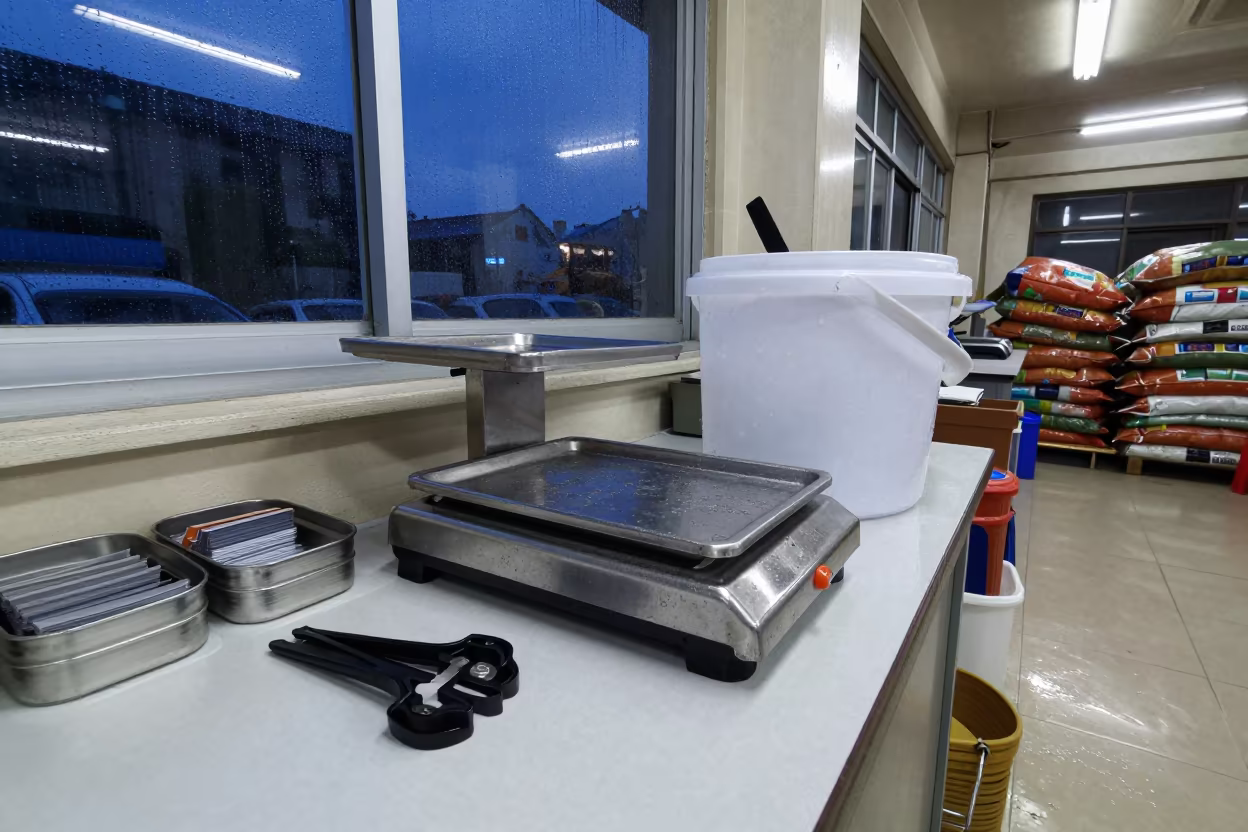 Butcher Scale Tray Under Retail Fluorescents in at a cash wrap counter with bags stacked nearby near Haiphong