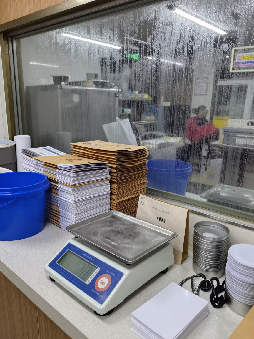 Butcher Scale Tray Wet Season Guangzhou Cash Wrap in at a cash wrap counter with bags stacked nearby in Guangzhou