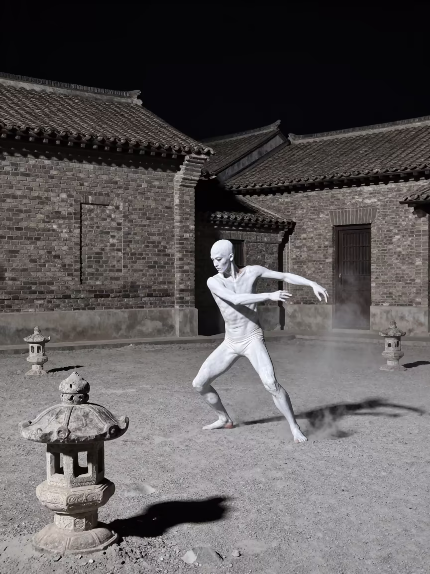 Butoh Dancer on Lunar Surface in Shanghai Quarter in in the old quarter in Shanghai