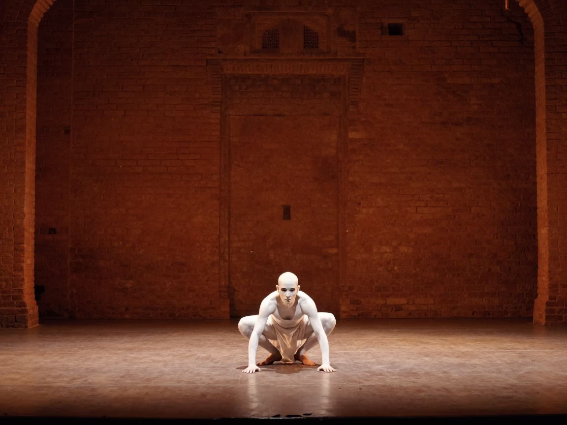 Butoh Dancer in White Paint Before Dawn in in the old quarter in Sambhal