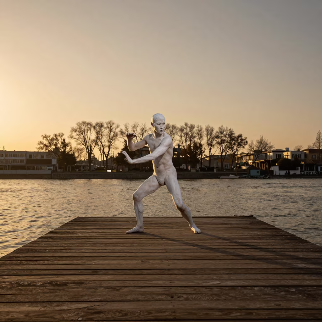 Butoh Dancer in White Paint at Golden Hour in near a riverside landing in Hongkou, Shanghai