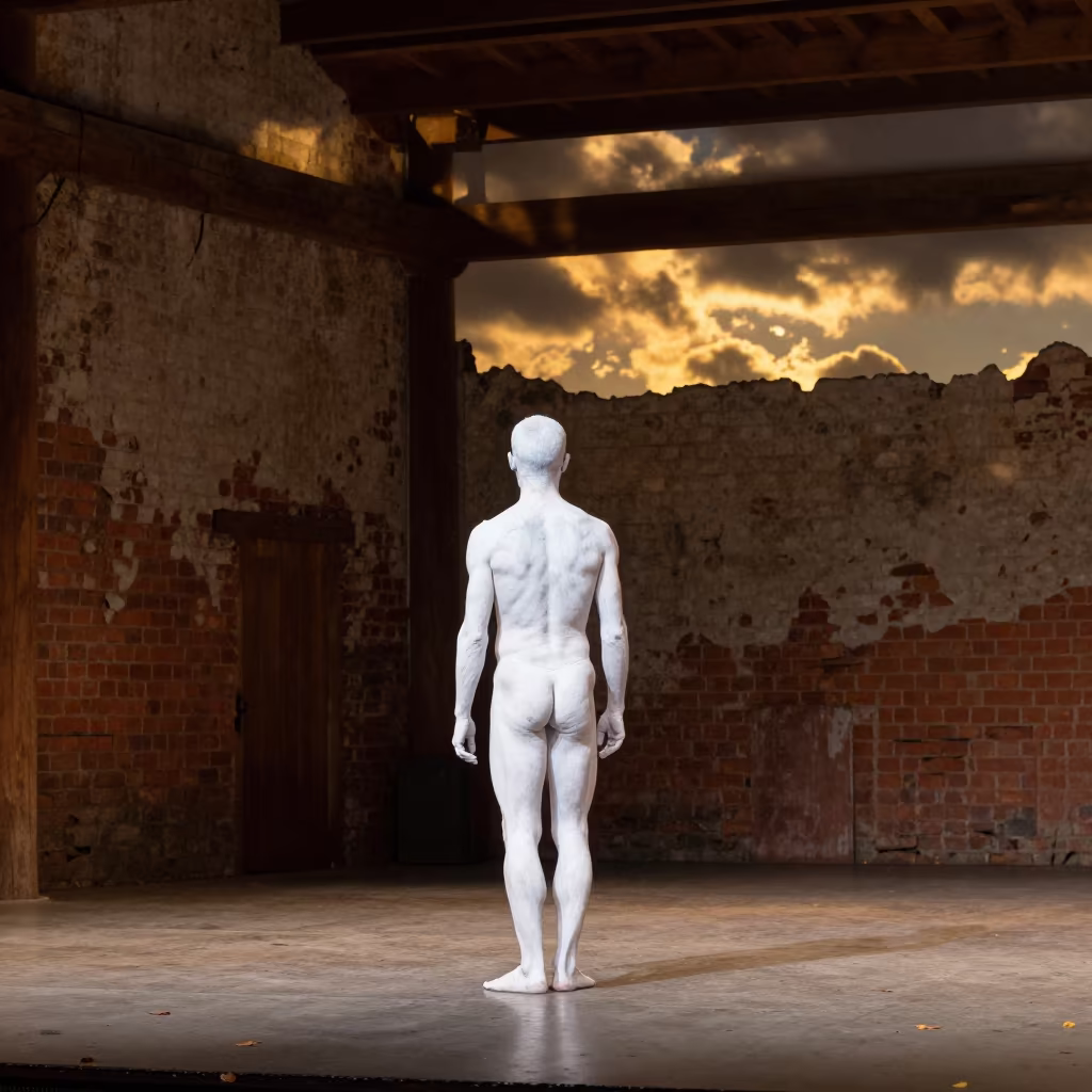 Butoh Dancer White Paint Old Kitchener Golden Hour in in the old quarter in Kitchener