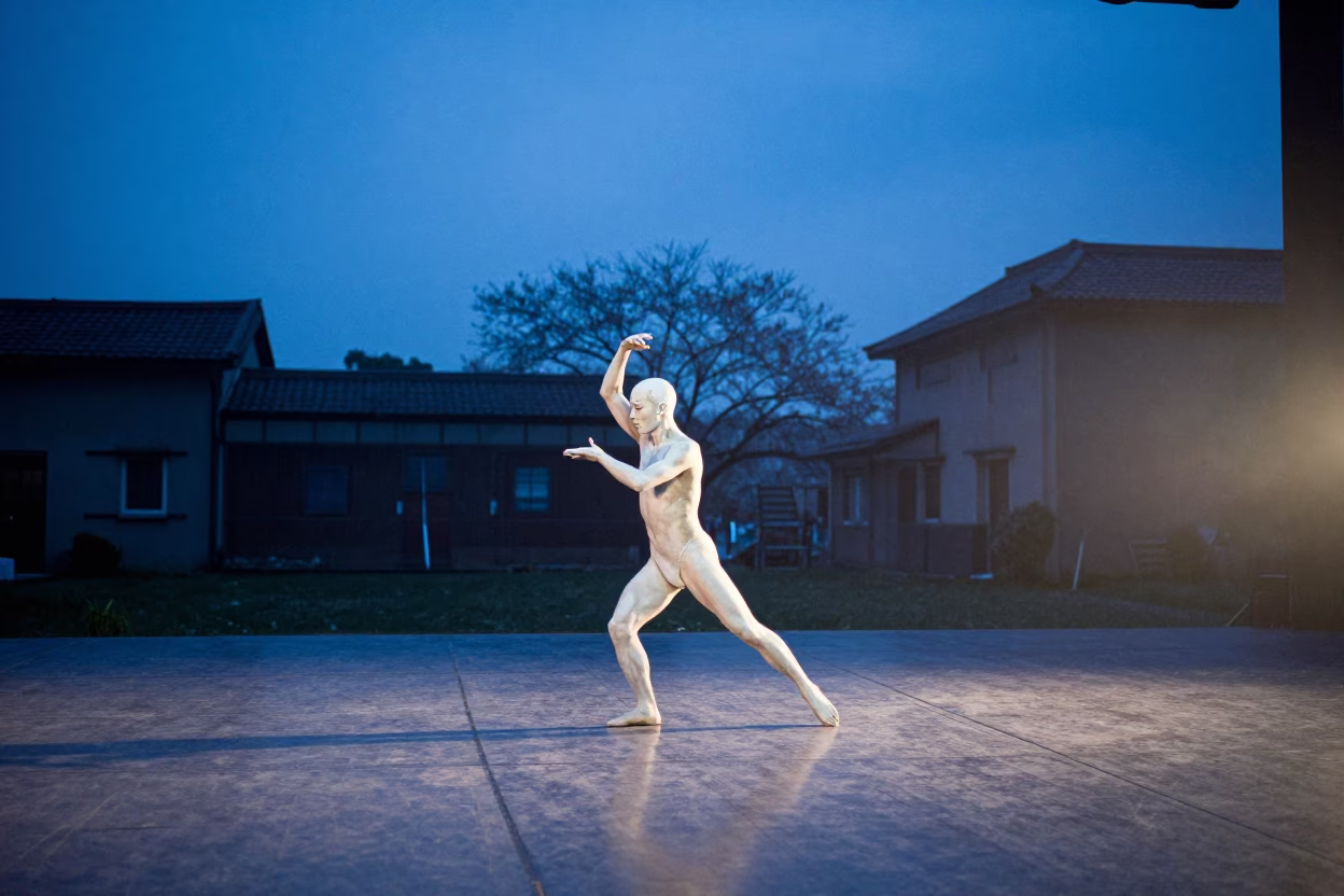 Butoh Dancer in White Paint Taoyuan Evening in in Taoyuan County