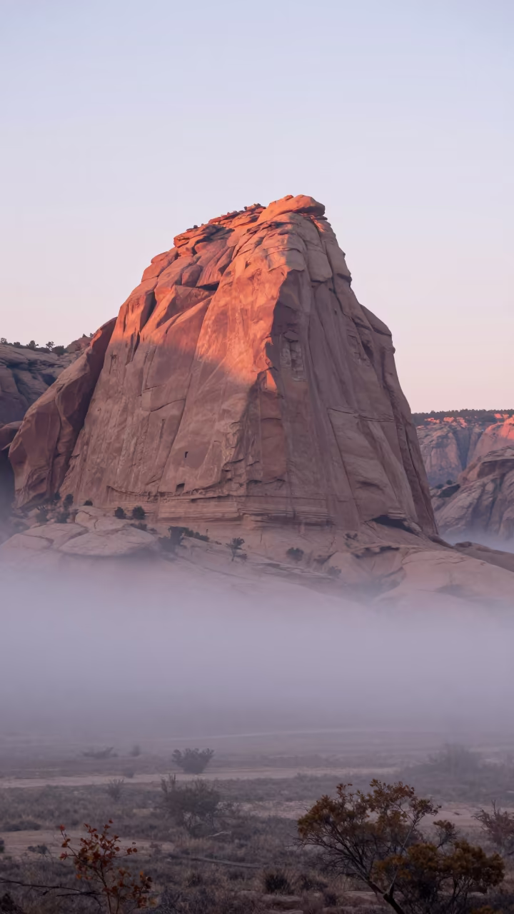 Butte Rising in Misty Dawn Valley in across a wide valley floor near Boudhanath, Kathmandu
