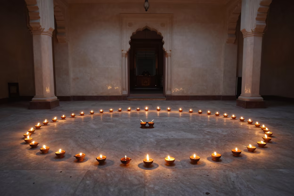 Butter Lamps Glow in Faisalabad Temple Hall in inside a candlelit nave in Faisalabad