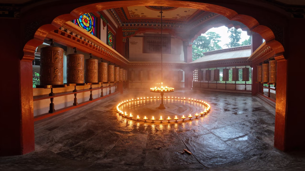 Butter Lamps Glow Beside Prayer Wheel in beside a prayer wheel corridor in Kota Kinabalu