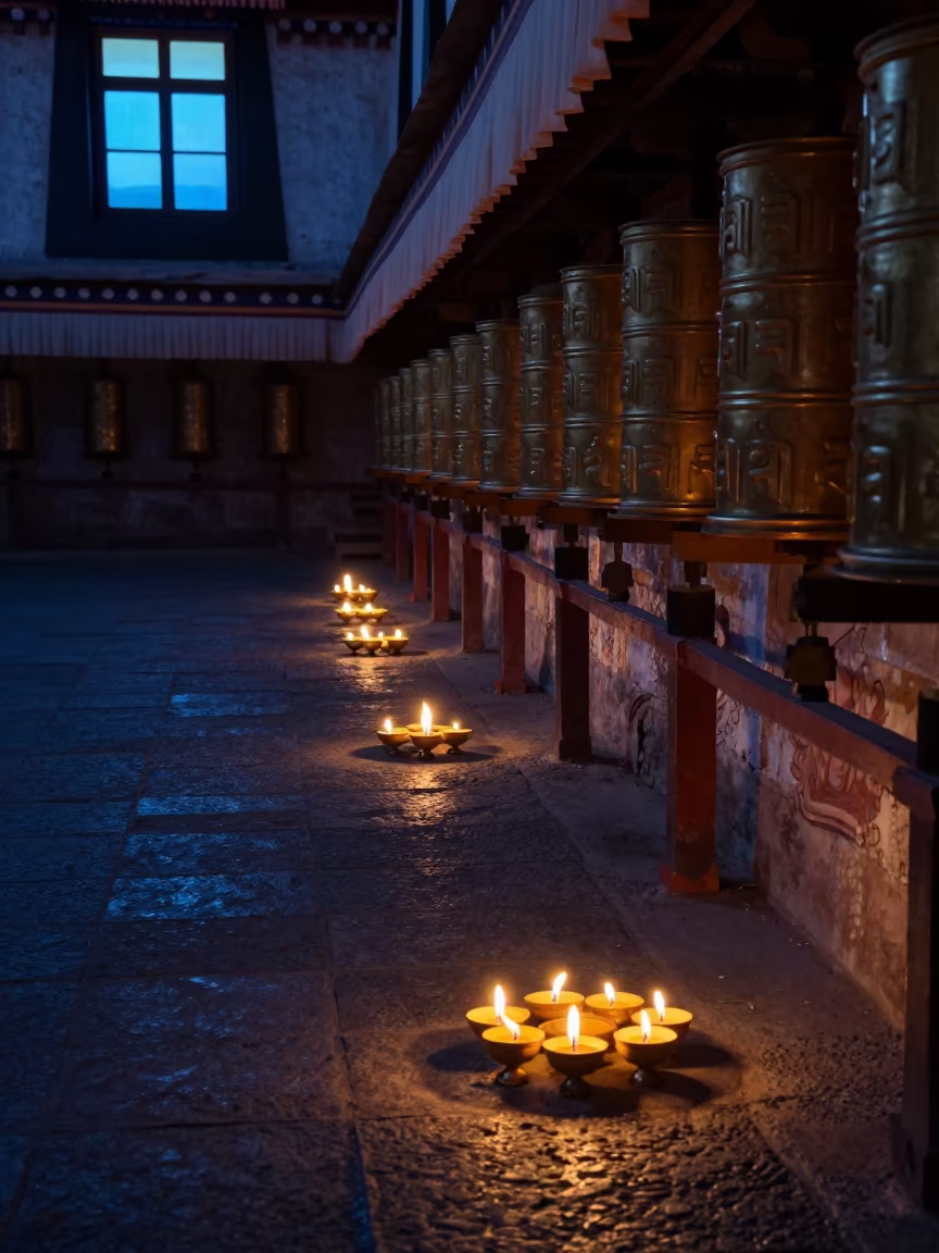 Butter Lamps Glowing in Twilight Temple Hall in beside a prayer wheel corridor in Porto Alegre