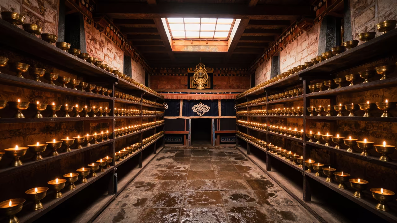 Butter Lamps in Tibetan Prayer Hall in inside a stone chapel in Ho Chi Minh City