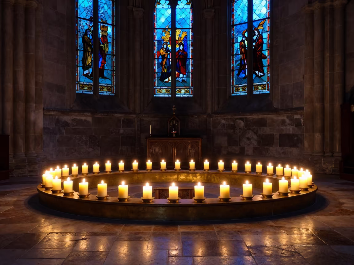 Butter Lamps in Twilight Stained Glass Chapel in in a chapel lit by stained glass in Rzeszów