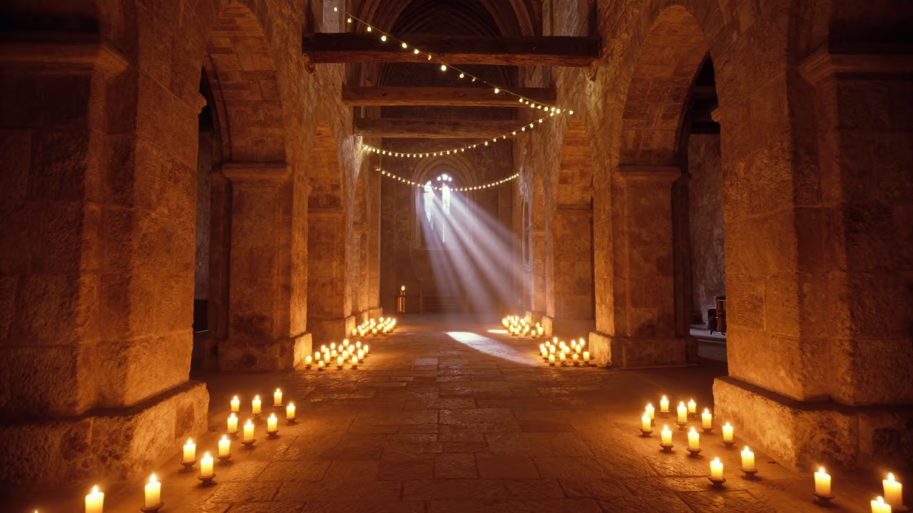 Butter Lamps in Winter Abbey Nave in inside a candlelit abbey nave in Granada
