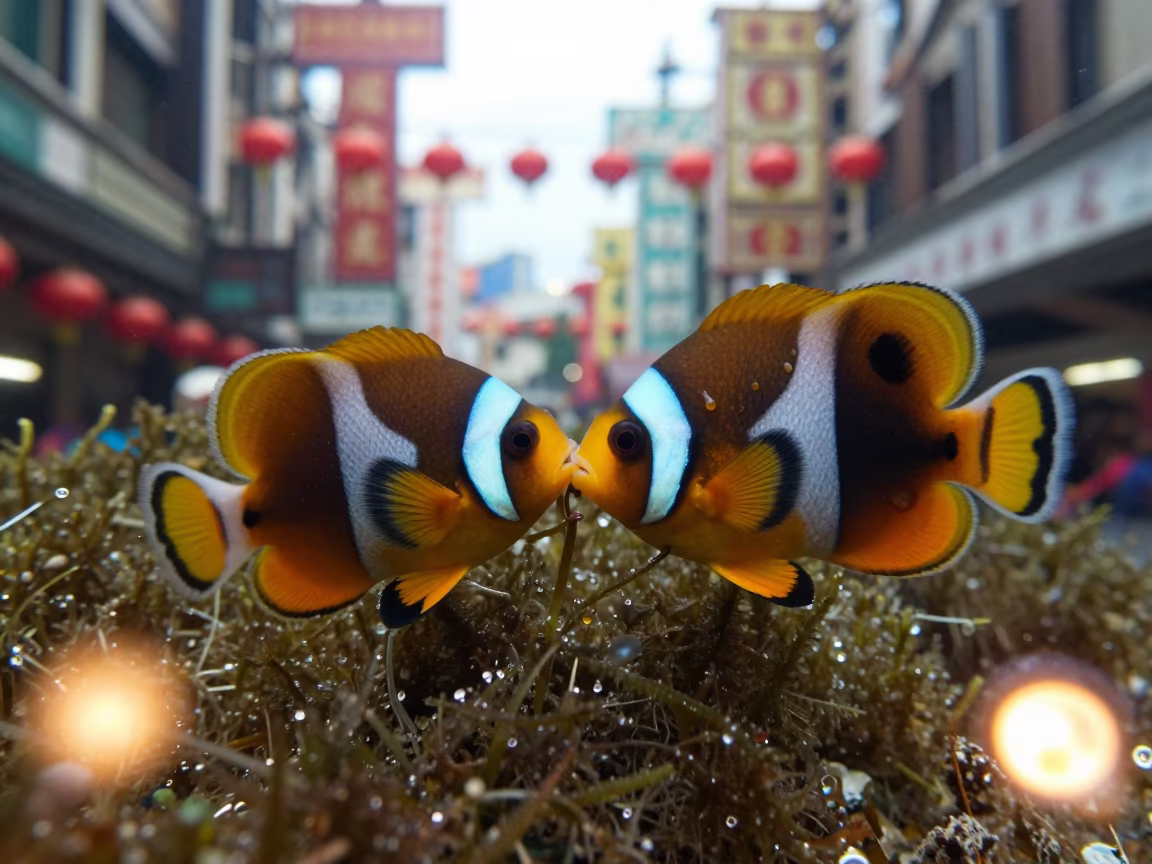 Butterflyfish on Dew Moss in Bangkok Chinatown in on dew-soaked moss in Chinatown, Bangkok