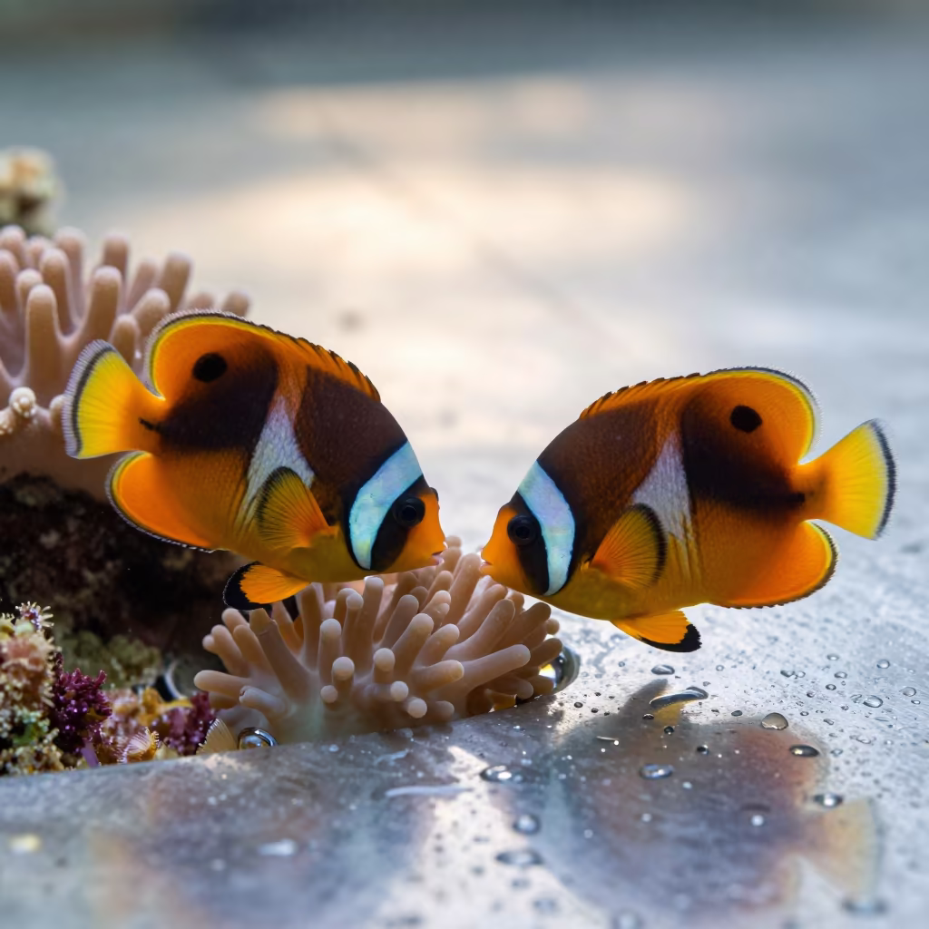 Butterflyfish Feed on Coral at Mombasa Dawn in across a rain-beaded metal surface in Mombasa