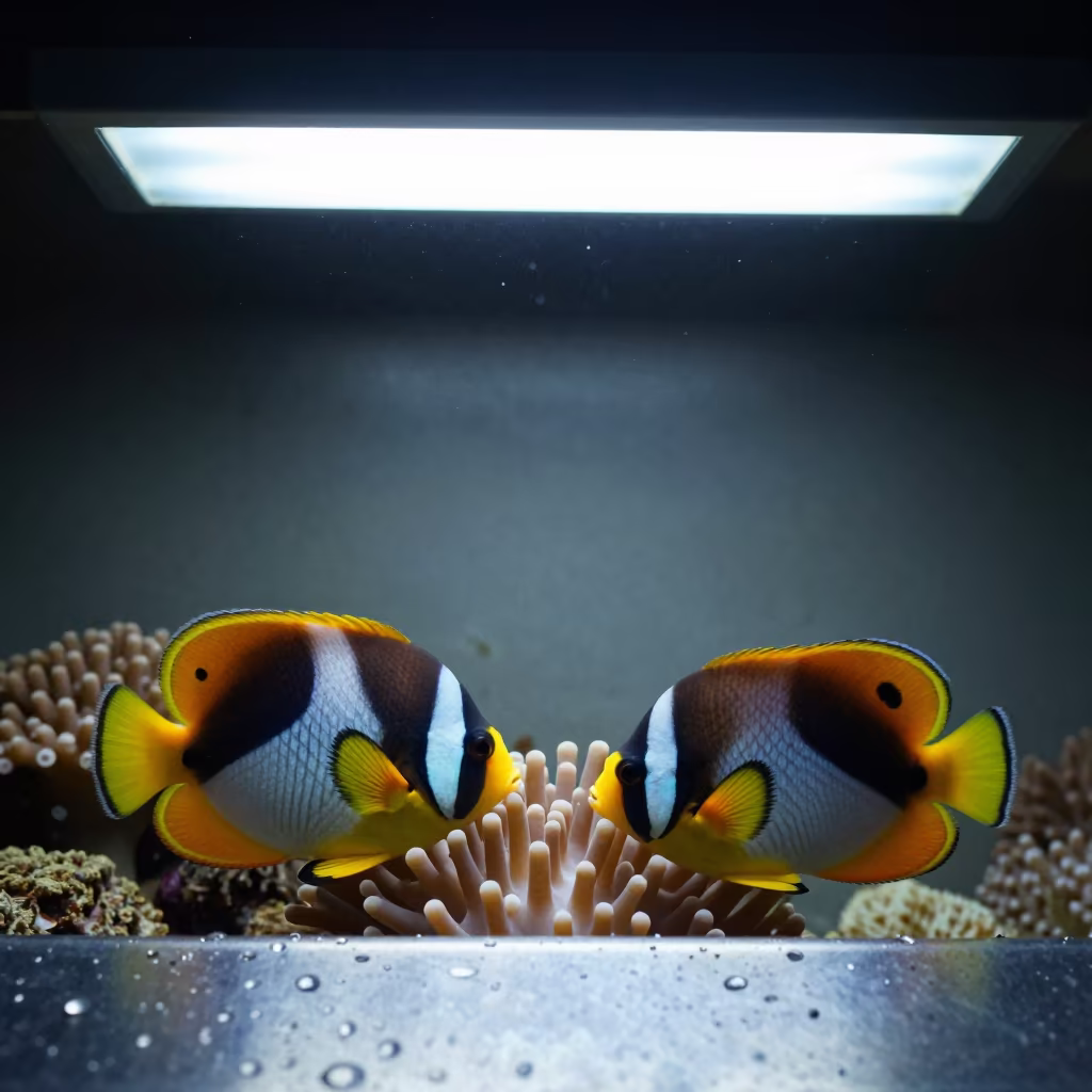Butterflyfish Feeding on Coral Under Fluorescent Light in across a rain-beaded metal surface in Salvador