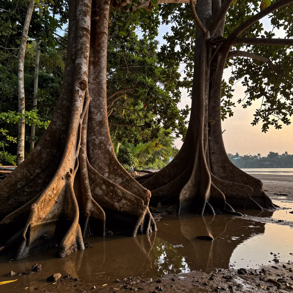 Buttress Roots Reflected in Monsoon Water Bangkok in near Charoen Krung, Bangkok