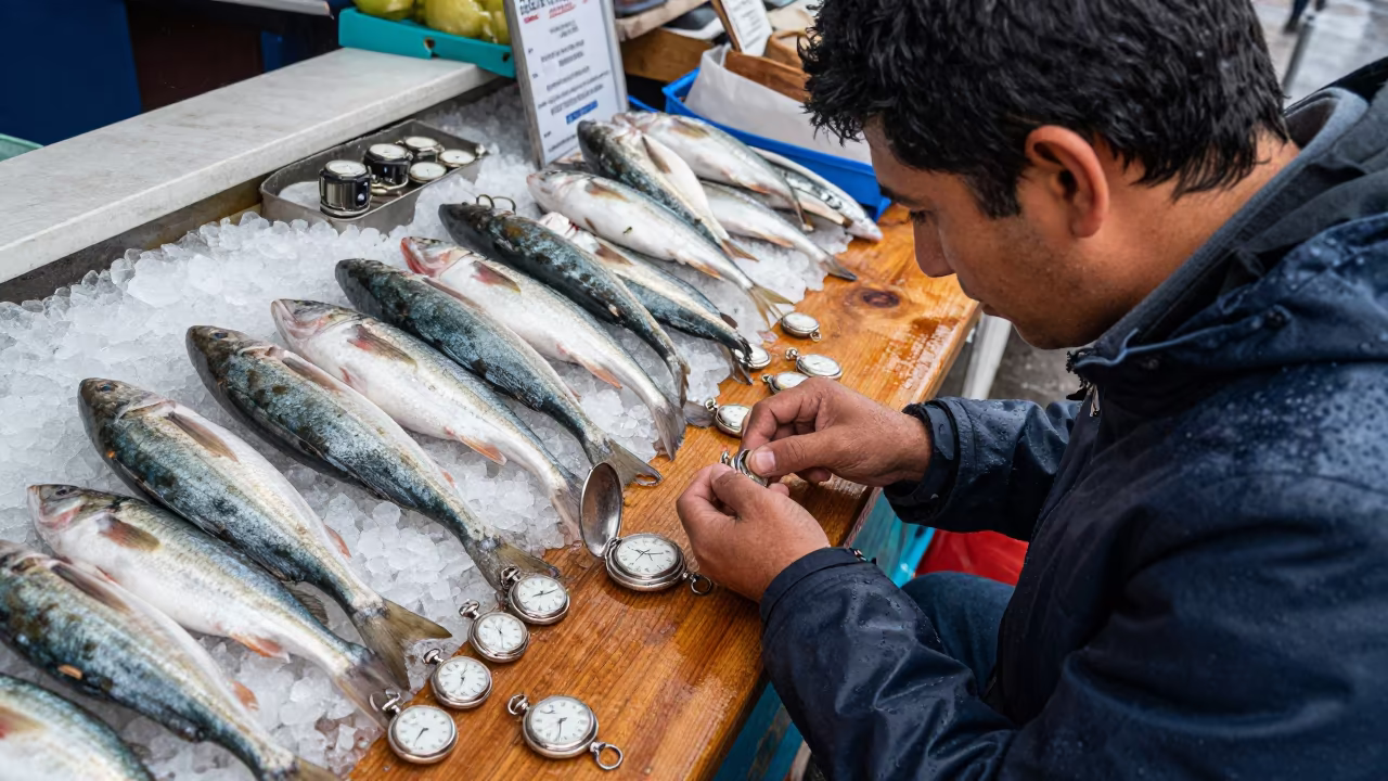 Paris Buyer at Toluca Fish Market Watch in beside a fish counter in Toluca de Lerdo