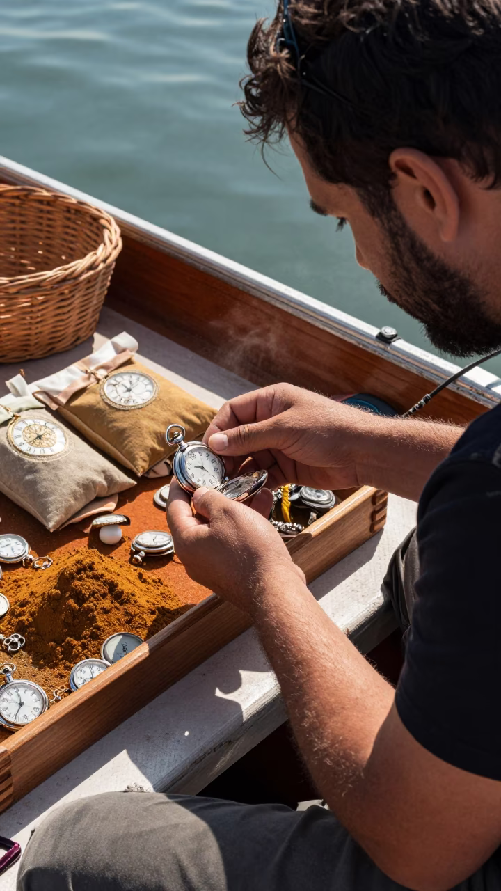 Buyer Inspects Pocket Watch Ajaccio Market in at a floating market boat in Ajaccio