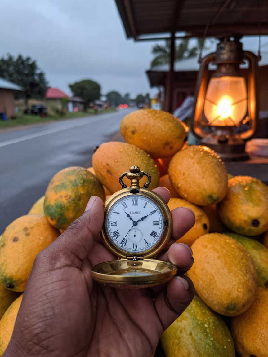 Buyer Inspects Pocket Watch at Divo Fruit Stand in at a roadside fruit stand in Divo