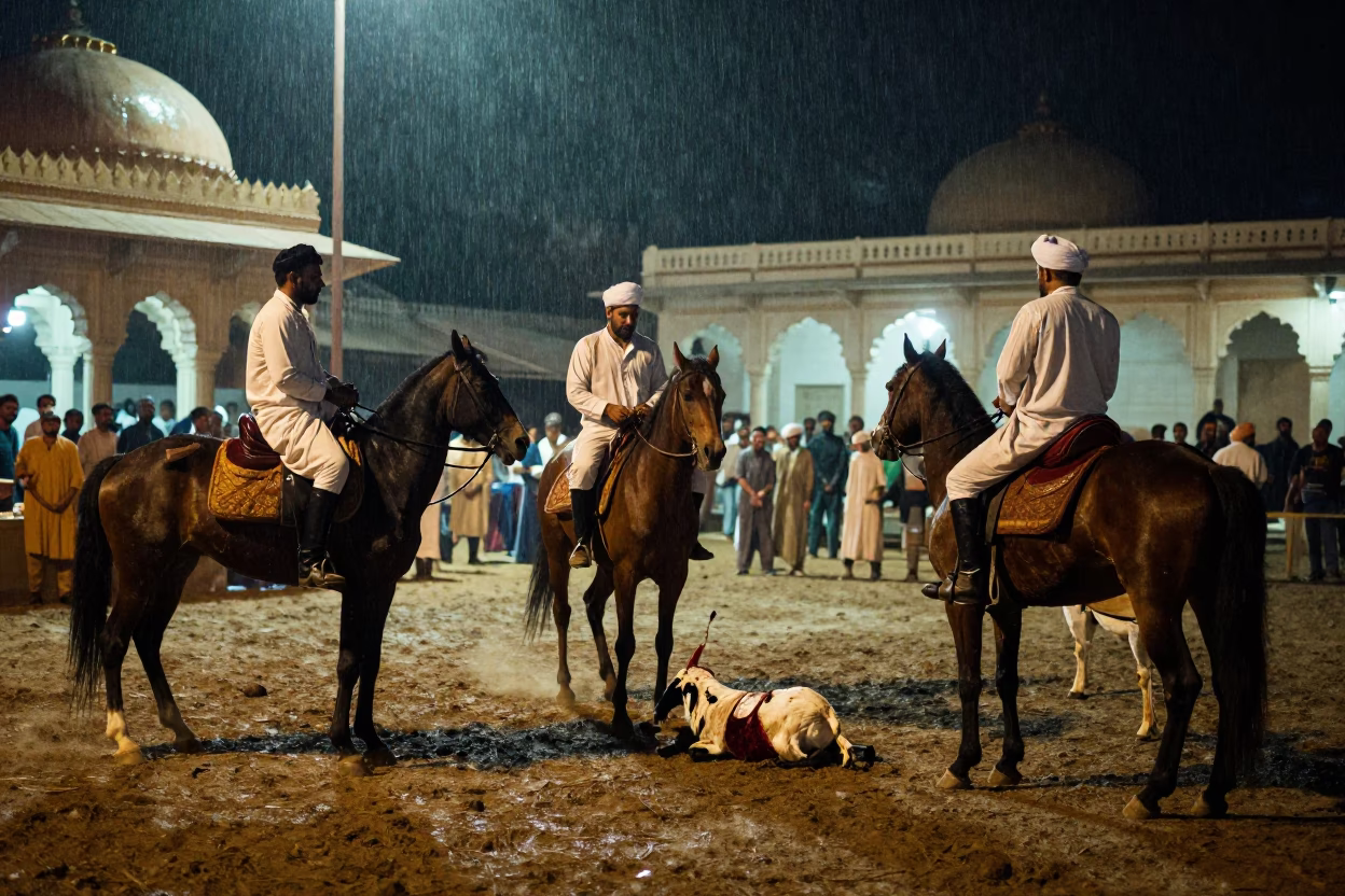 Buzkashi Horsemen in Bhagalpur Prayer Hall in in a prayer hall in Bhagalpur