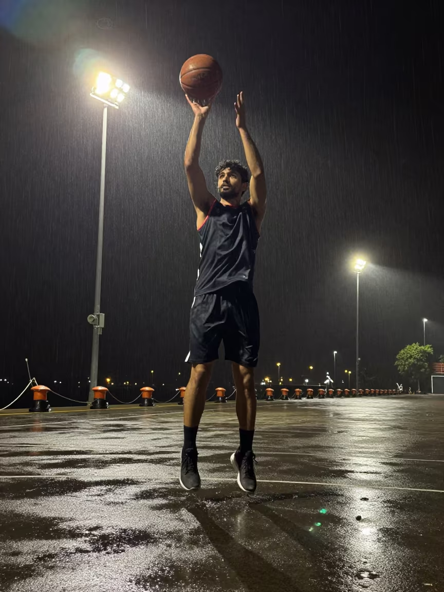 Buzzer Beater Jumper Under Floodlights in at a harbor quay near Rawalpindi
