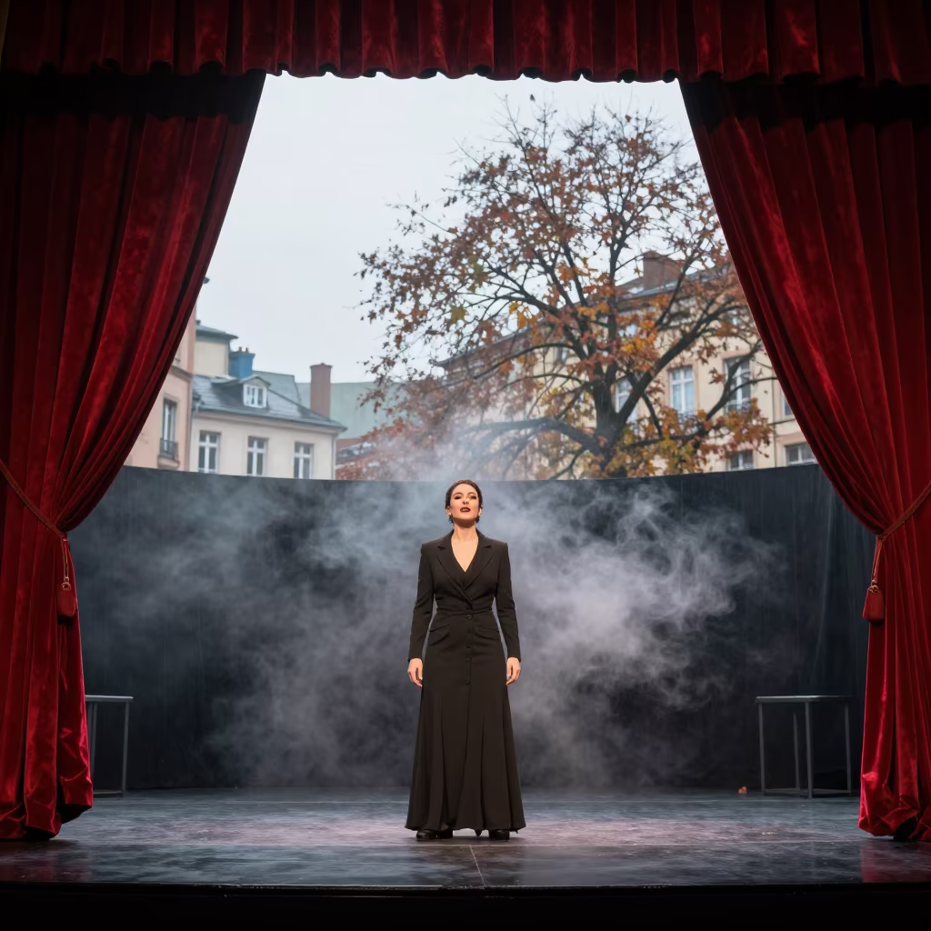 Cabaret Singer Amidst Haze and Velvet in Lyon Theater in on a theater stage in Lyon